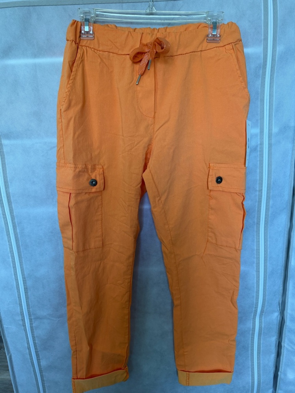 NWOT D-Style Bright Orange Crinkle Cargo Joggers with Drawstring Waist.